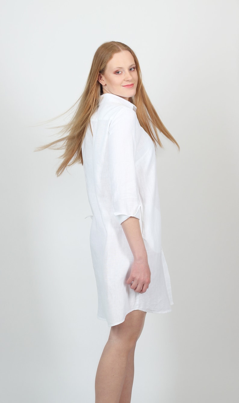 White Linen Shirt Dress. Midi Dress With Pockets and Waist Tie Etsy