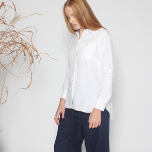 Ready to ship. Classic white linen shirt for women. Linen shirt with front pocket. Long sleeved button up shirt with classic collar. image 4