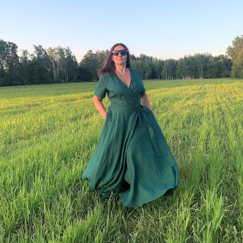 Maxi Dress Mother Of The Bride Linen Dresses Mother Of The Bride Elegant  Linen Mother Of The Groom Long Wrap Maxi Wedding Guest Emerald Green Wrap  Dress Plus