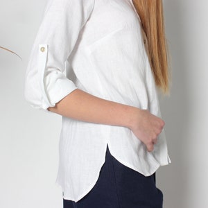Ready to ship. Classic white linen shirt for women. Linen shirt with front pocket. Long sleeved button up shirt with classic collar. image 2