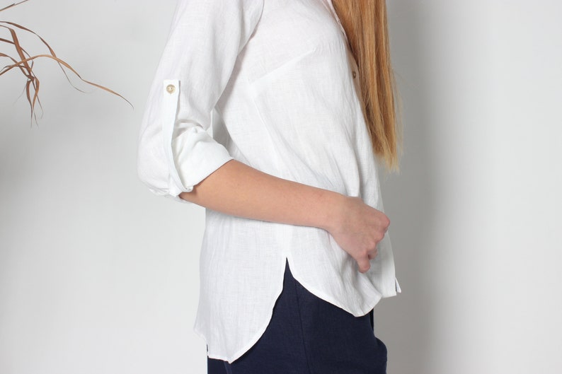 Ready to ship. Classic white linen shirt for women. Linen shirt with front pocket. Long sleeved button up shirt with classic collar. image 2