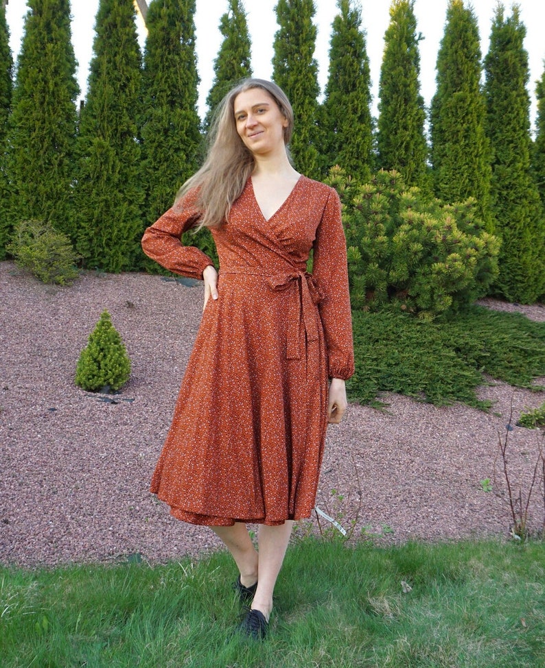 Long sleeve cocktail dress. Flowing soft viscose dress with belt and pockets. Plus size tea dress. Formal organic wrap dress. Office wear. image 1