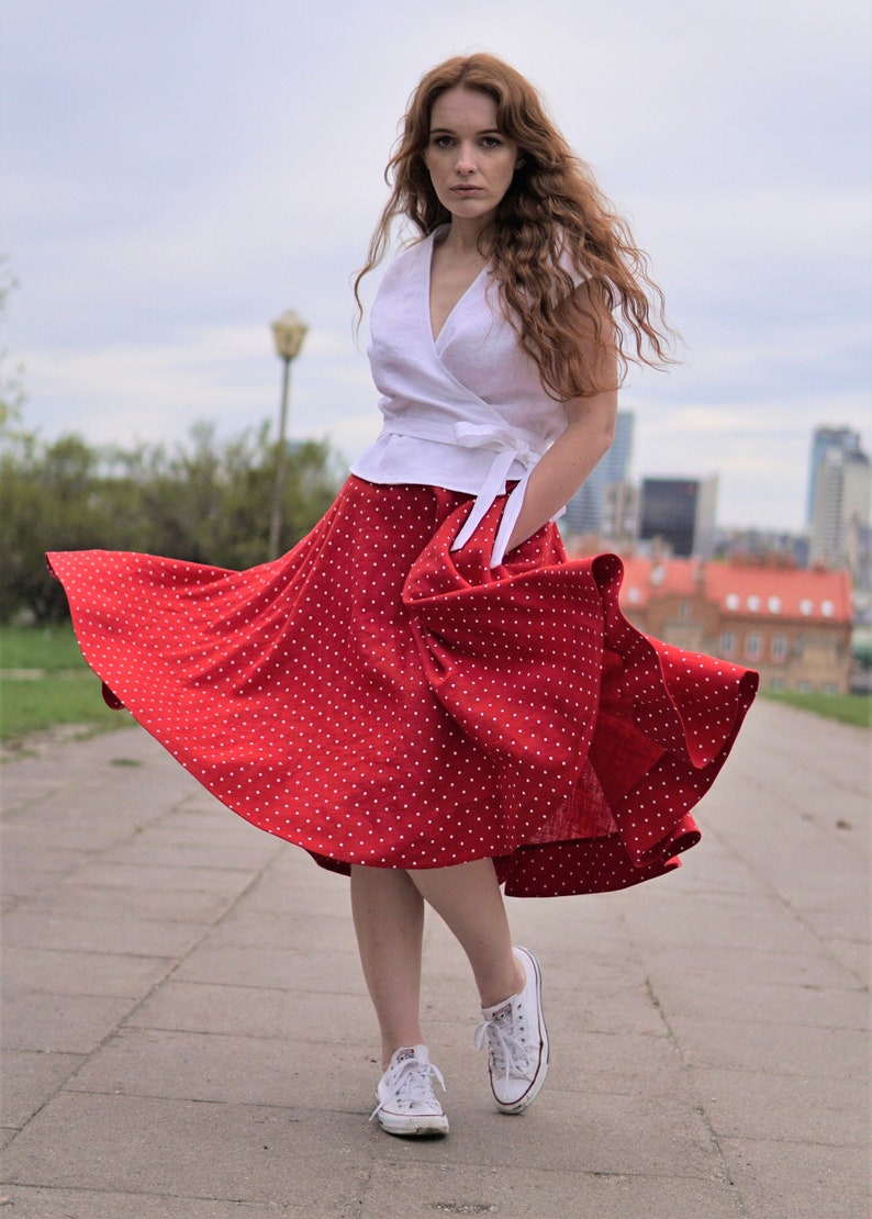 Full circle linen skirt. A line skater linen skirt below the knee length. Red polka dot flared linen skirt. Plus size Linen summer skirt. image 1