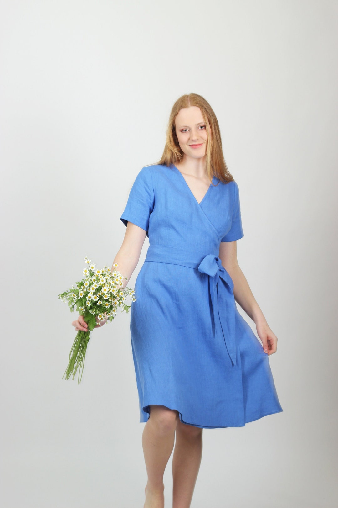 Blue Wedding Guest Dress. Cornflower Blue Midi Linen Wrap Dress