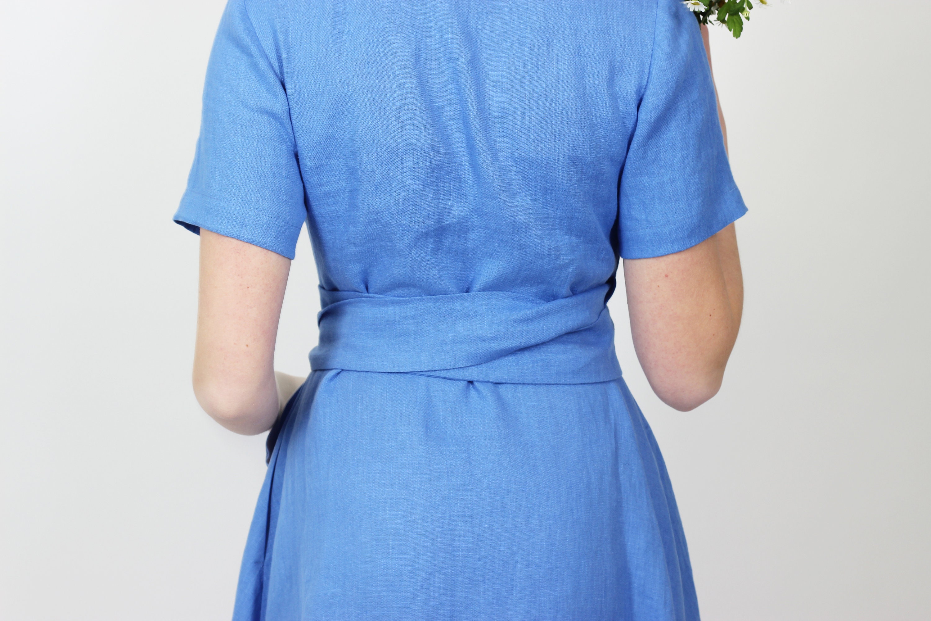 Blue wedding guest dress. Cornflower Blue midi linen wrap dress. Elegant linen summer dress with pockets. Elegant graduation dress.Tea dress