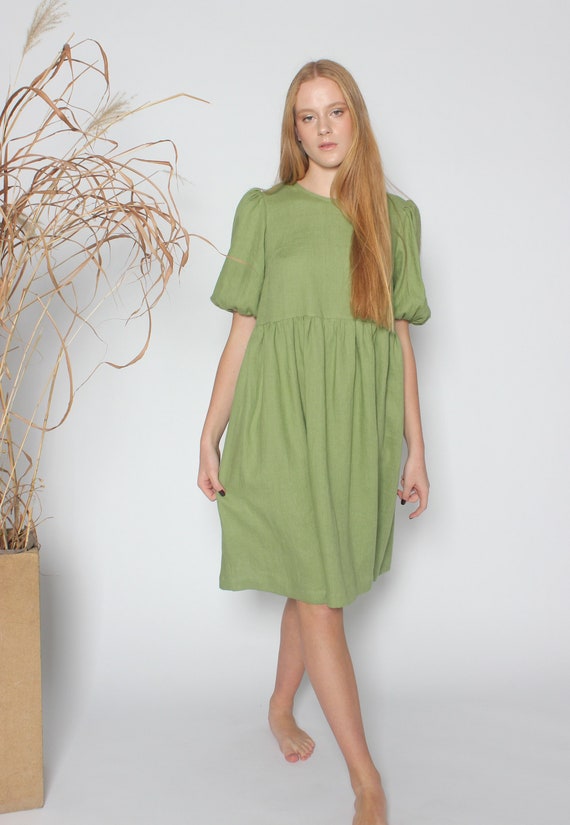 Robe de grossesse avec poches. Robe ample en lin vert poire. Robe decontractee en lin. Robe d ete a manches bouffantes. Robe froncee. Grande taille Etsy France