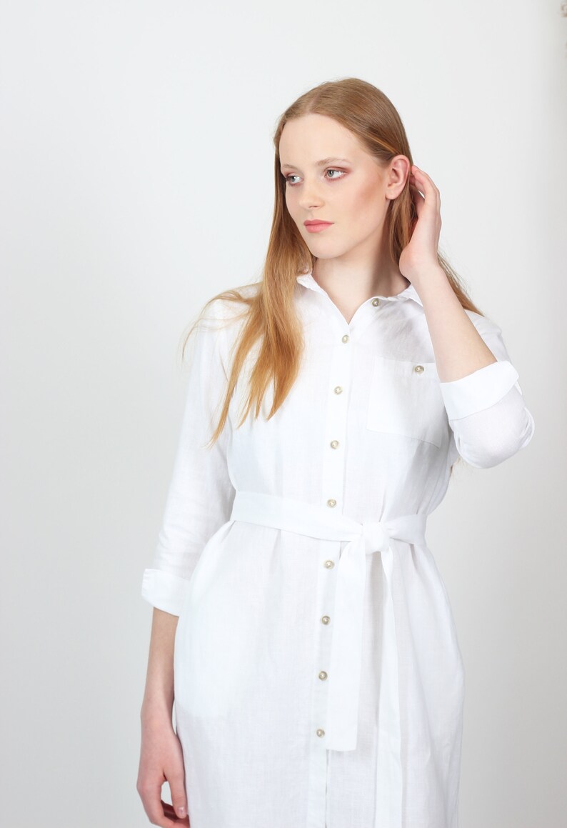 White Linen Shirt Dress. Midi Dress With Pockets and Waist Tie Etsy