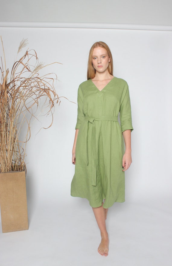 chinese dress ladies Blue Plus Size Casual Cotton Linen Dresses For Women Q9043– FantasyLinen main image 0