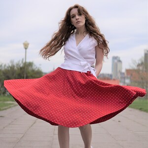 Full circle linen skirt. A line skater linen skirt below the knee length. Red polka dot flared linen skirt. Plus size Linen summer skirt. image 5