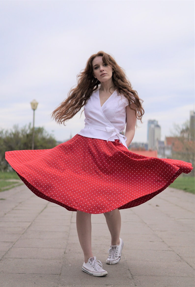 Full circle linen skirt. A line skater linen skirt below the knee length. Red polka dot flared linen skirt. Plus size Linen summer skirt. image 5