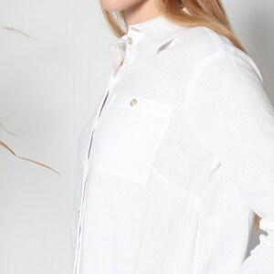 Ready to ship. Classic white linen shirt for women. Linen shirt with front pocket. Long sleeved button up shirt with classic collar. image 7