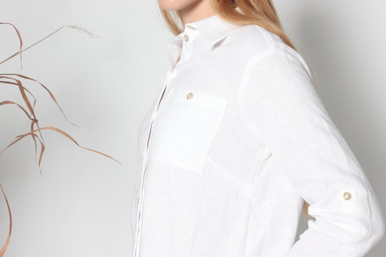 Ready to ship. Classic white linen shirt for women. Linen shirt with front pocket. Long sleeved button up shirt with classic collar. image 7