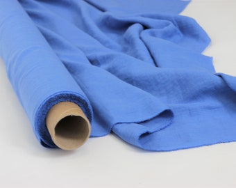 Cornflower blue fabric by the yard. Blue linen dress fabric. Blue linen fabric by the metre. Medium weight, softened fabric for sewing.