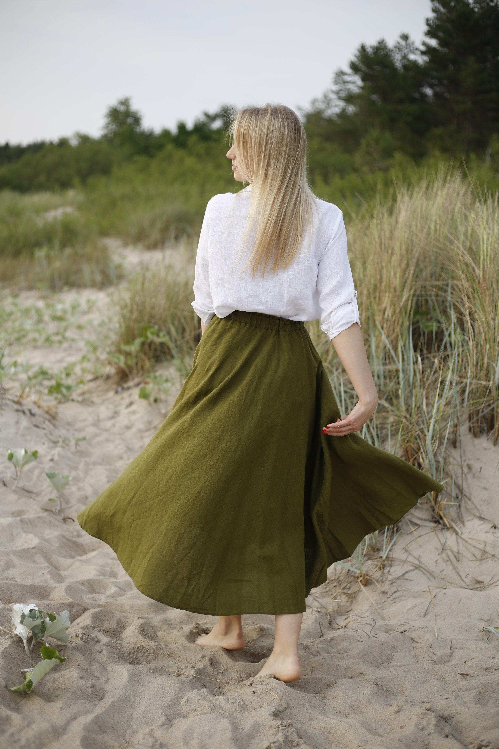 argue◆french linen flare long skirt Women's Flare Skirt in White Linen by ARGUE☆ARGU, Size 0