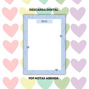 Puede incluir: Una agenda de notas PDF digital con un borde azul claro y un interior blanco. La imagen está decorada con corazones de colores pastel y el texto "DESCARGA DIGITAL" y "PDF NOTAS AGENDA". La palabra "NOTAS" también es visible.