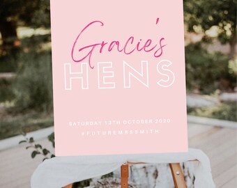 Puede incluir: Un letrero de bienvenida rectangular de color rosa claro con el texto "WELCOME TO", "Gracie's" en una fuente cursiva rosa oscuro, "HENS" en letras mayúsculas blancas, "SATURDAY 13TH OCTOBER 2020" y el hashtag "#FUTUREMRSSMITH" en blanco.