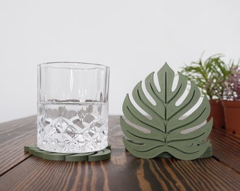 Green Monstera Deliciosa Leaf Coasters Set • 3d Printed Tropical Plant Drinkware • Cute Home Decor Gift