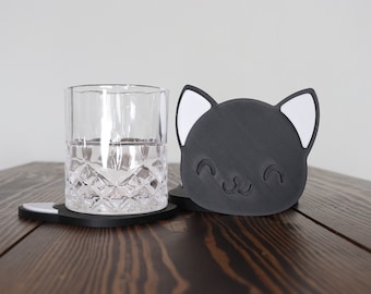 Cute Black and White Cat Coasters Set • 3d Printed Furry Smiley Kitten • Cute Home Decor Gift