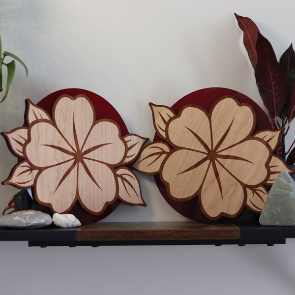 Japan Sakura Blossom (Set of 2), Cherry Wood and Red Acrylic Wall Hangings for Home Decor