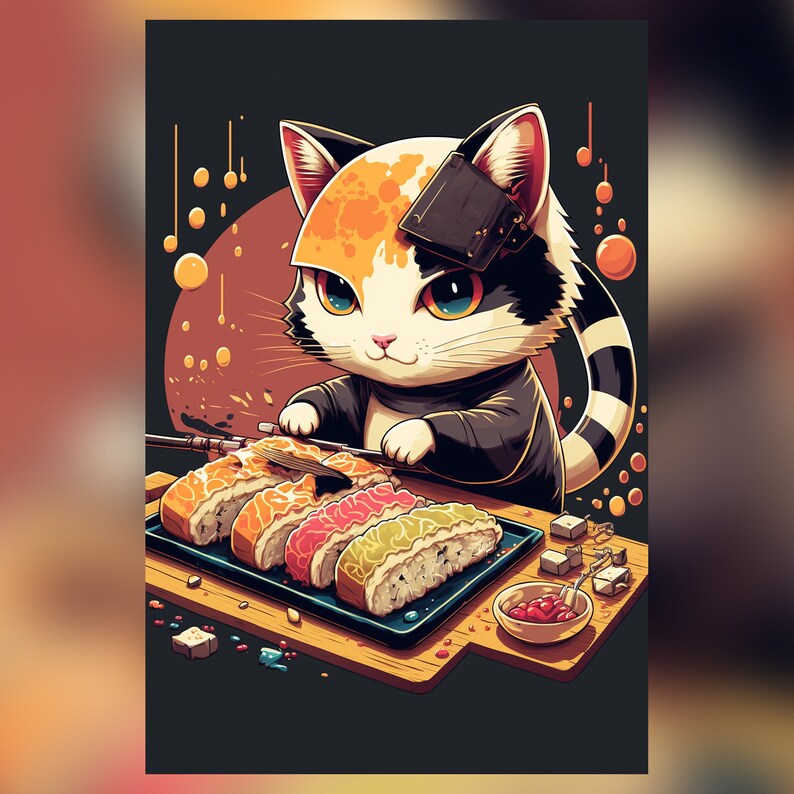 Cute Cat Poster Making Sushi Art Print Kawaii Wall Art Etsy Canada