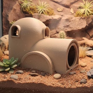 Può includere: Struttura beige a forma di cupola con finestre ad arco e un ingresso a tunnel circolare, progettata come habitat per rettili. Circondata da sabbia, rocce e piante del deserto, creando un ambiente naturalistico.