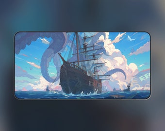 Invasion of Kraken Desk Mat, XXL Gaming Mouse Pad, Colors Pastel Mousepad, Ship in Ocean desk mat