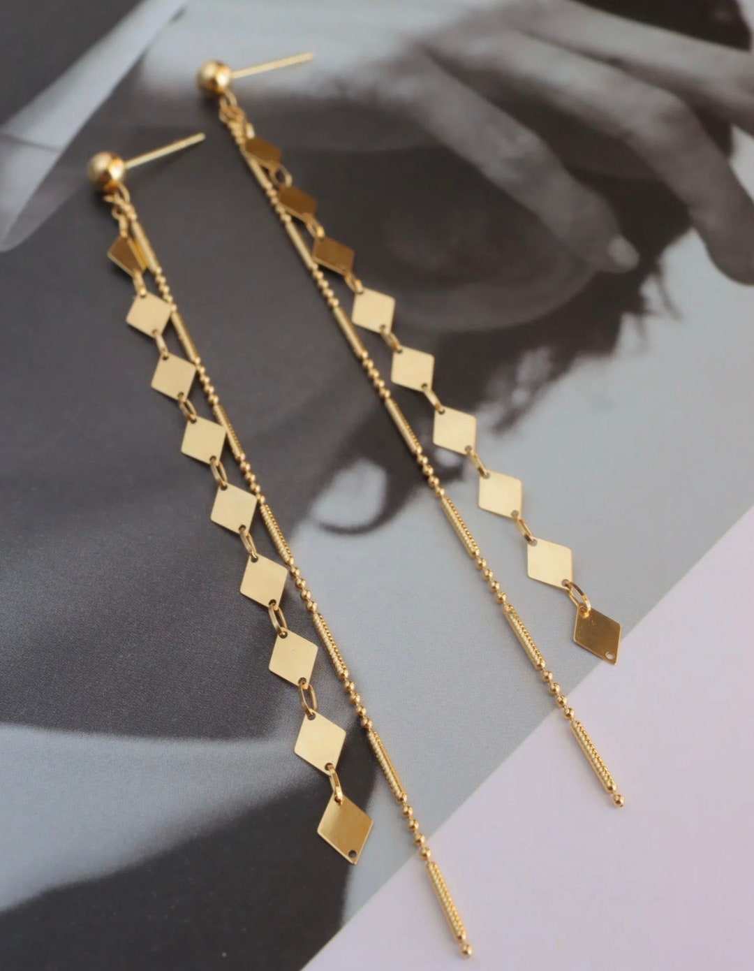 18K YG Solid Gold Chain Long Drop Dangle Stud Earrings 2.5 Etsy