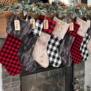 Buffalo check stocking, Plaid Christmas stocking, personalized Fur Christmas stocking,Personalized Wood tag, Farmhouse Christmas stocking