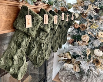 Personalized stocking, Green Fur Christmas stocking, Personalized Moss Christmas Stocking, Farmhouse Xmas stocking, Personalized Wood tag