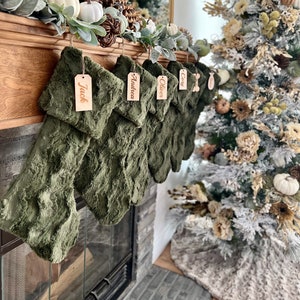 Personalized stocking, Green Fur Christmas stocking, Personalized Moss Christmas Stocking, Farmhouse Xmas stocking, Personalized Wood tag