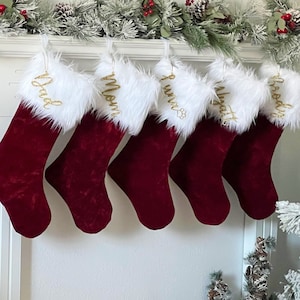 Personalized Christmas Stocking, Traditional Red Velvet Xmas Stocking, Traditional Xmas Decor, Personalized Wood Name Tags, Crushed Red