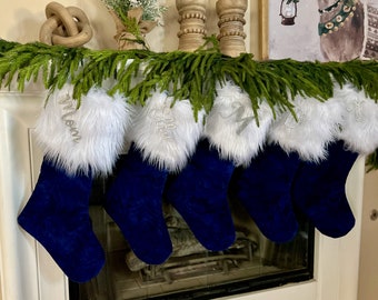 Blue Personalized stocking, Blue Velvet Christmas stocking, Personalized Christmas Stocking, Farmhouse Christmas stocking, Personalized