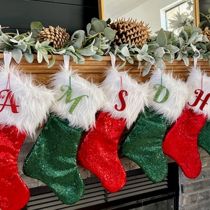 Red and Green Sequin Christmas Stocking, Faux Fur Christmas Stocking, Personalized Christmas Stocking, Traditional Xmas Decor