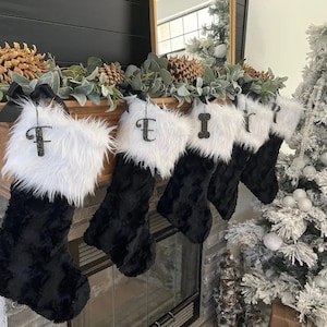 Black Christmas Stocking, Faux Fur Christmas Stocking, Black Personalized Xmas Stocking, Sparkle Initial Christmas Stocking, Black Xmas