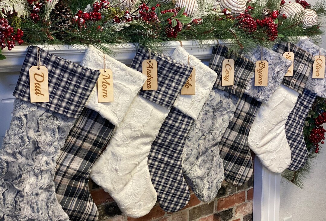 Personalized Christmas Stocking, Blue Plaid Christmas Stocking