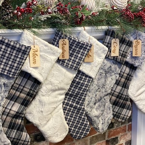 Personalized Christmas Stocking, Blue Plaid Christmas stocking, personalized Fur Christmas Stocking,Farmhouse Christmas stocking, Christmas