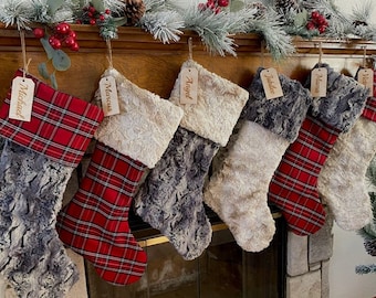 Plaid Christmas stocking, Buffalo check stocking, personalized Fur Christmas stocking,Personalized Wood tag, Farmhouse Christmas stocking