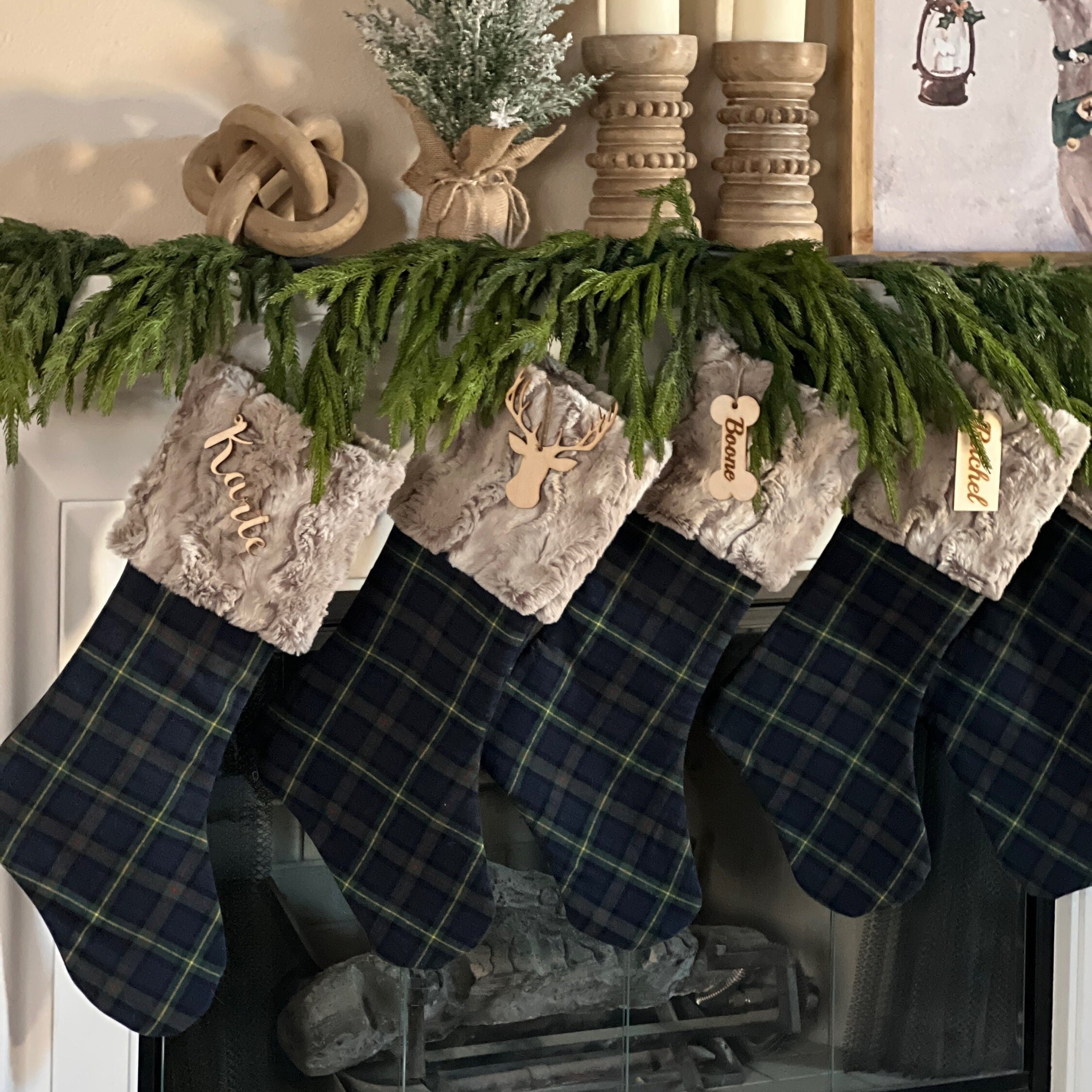 Personalized stocking, Green Blue Plaid Christmas stocking, Personalized Christmas Stocking, Traditional Xmas Decor, Personalized Wood, C7