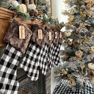 Plaid Christmas stocking, Black and White Buffalo stocking, personalized Christmas stocking, Personalized tag, Farmhouse Christmas stocking