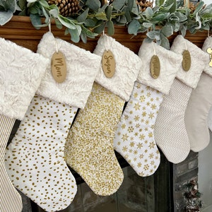 Gold Classic Christmas Stocking, Faux Fur Christmas Stocking, Ivory Personalized Christmas Stocking, Personalized Minimalist Christmas