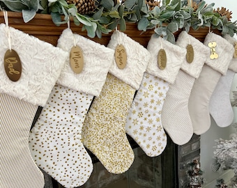 Gold Classic Christmas Stocking, Faux Fur Christmas Stocking, Ivory Personalized Christmas Stocking, Personalized Minimalist Christmas