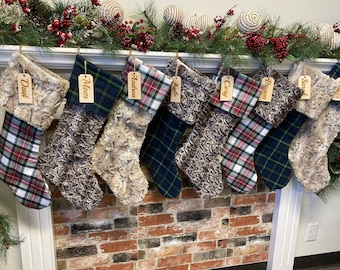 Buffalo check stocking, Green Plaid Christmas stocking, personalized Fur Christmas Stocking, Farmhouse Christmas stocking, Personalized