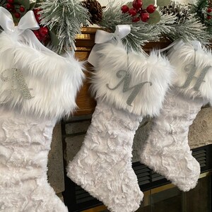 White Christmas Stocking, Faux Fur Christmas Stocking, White Personalized Christmas Stocking, Sparkle Initial Christmas Stocking