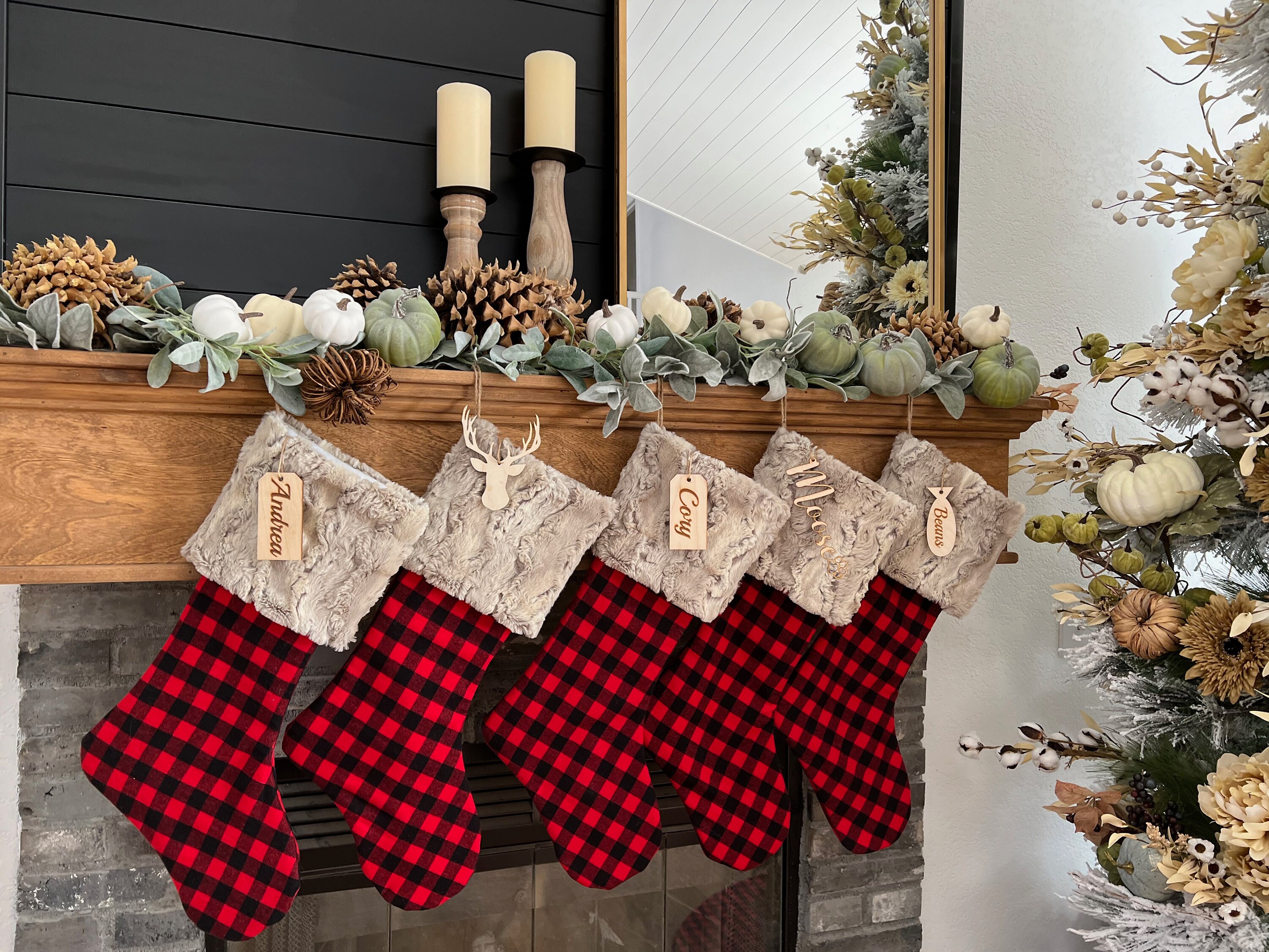 Buffalo Plaid Christmas Stockings Set Of 5 - Large Red & Black Stockings For Mantel Decor - View #6