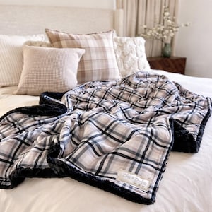 Adult Minky Blanket - Gray Plaid Cloud and Black Glacier, Adult Throw, Adult Gift, Throw Blanket, Cozy Autumn Living Room Decor