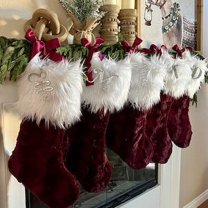 Merlot Christmas Stocking, Faux Fur Christmas Stocking, Maroon Personalized Christmas Stocking, Sparkle Christmas Stocking