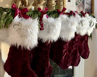 Merlot Christmas Stocking, Faux Fur Christmas Stocking, Maroon Personalized Christmas Stocking, Sparkle Christmas Stocking