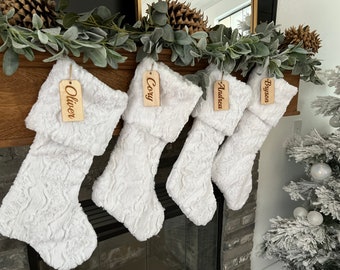 Personalized stocking, White Glacier Christmas stocking, Personalized Christmas Stocking Farmhouse Christmas stocking, Personalized Wood tag