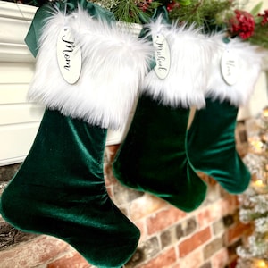Emerald Velvet Christmas Stocking, Faux Fur Christmas Stocking, Personalized Christmas Stocking, Sparkle Initial Christmas Stocking