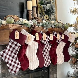 Personalized Christmas Stocking, Maroon Plaid Christmas stocking, personalized Fur Christmas Stocking,Farmhouse Christmas stocking, Christma